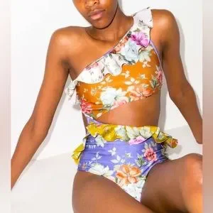 【ZIMMERMANN】cutout フリル floral-print swimsuit ZIMMERMANN One-shoulder ruffled cutout floral-print swimsuit